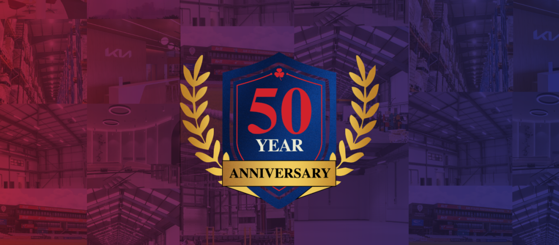 Intulux Lighting 50 Year Anniversary badge with gold laurel design over collage of lighting projects.